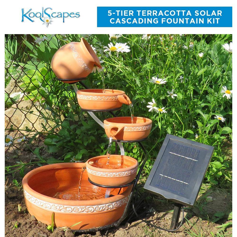 Koolatron CSFK-5 Koolscapes Solar-Powered 5-Tier Cascading Fountain. Terracotta Clay. Self-Contained Water Feature