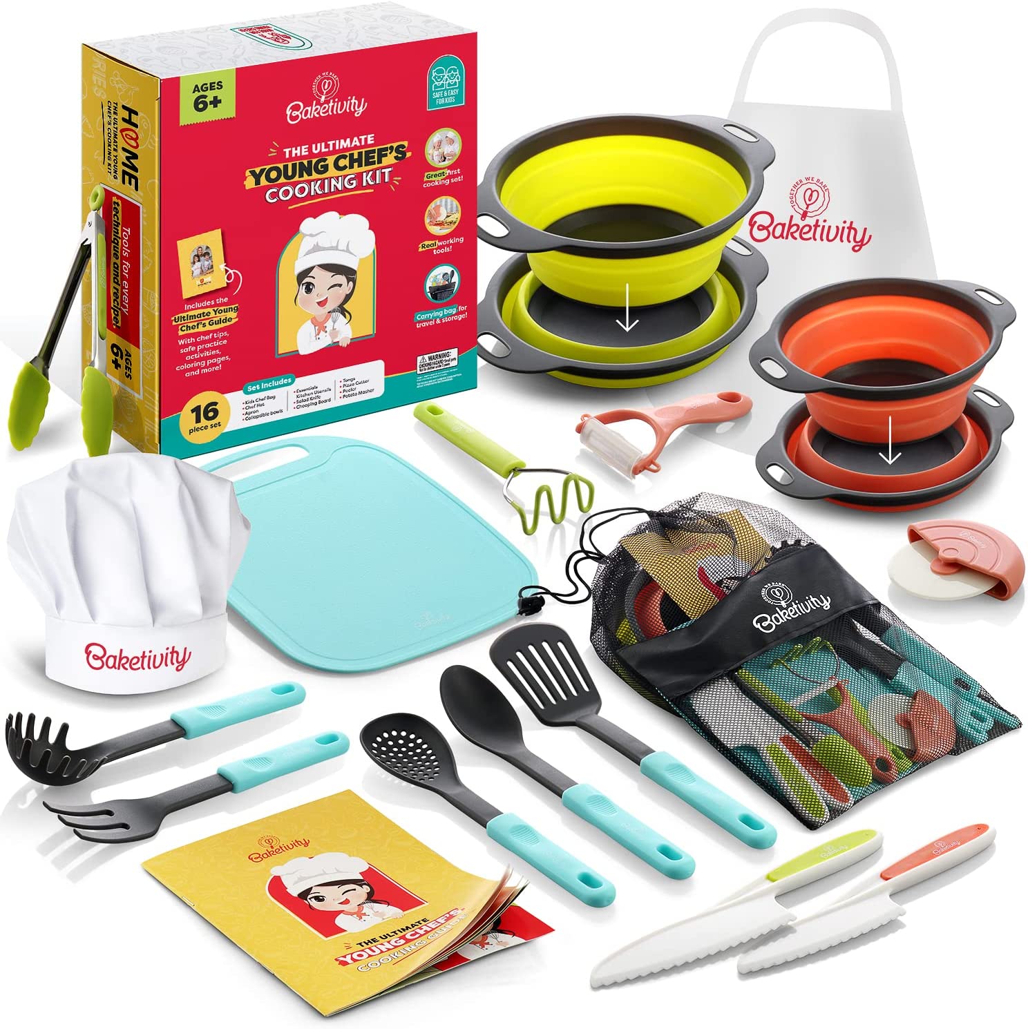 Baketivity Kids Cooking Sets Real Utensils With Kitchen Tool Guide - Complete Junior Cooking Set Gift For Girls & Boys With Mixing Bowls. Cutting Board. Knife. Apron - Kids Baking Set For Real Cooking