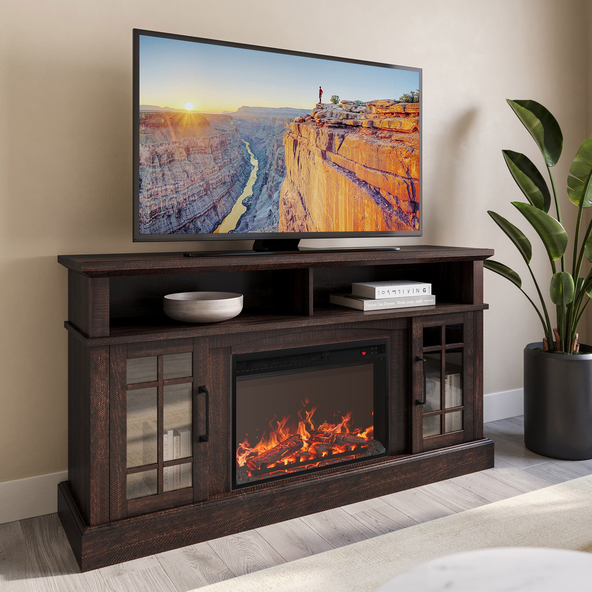 BELLEZE  58″ TV Stand with 23″ Electric Fireplace. Fireplace TV Console for TVs up to 65″. Home Entertainment Center with Storage Cabinet and Adjustable Shelves - Astorga (Espresso)