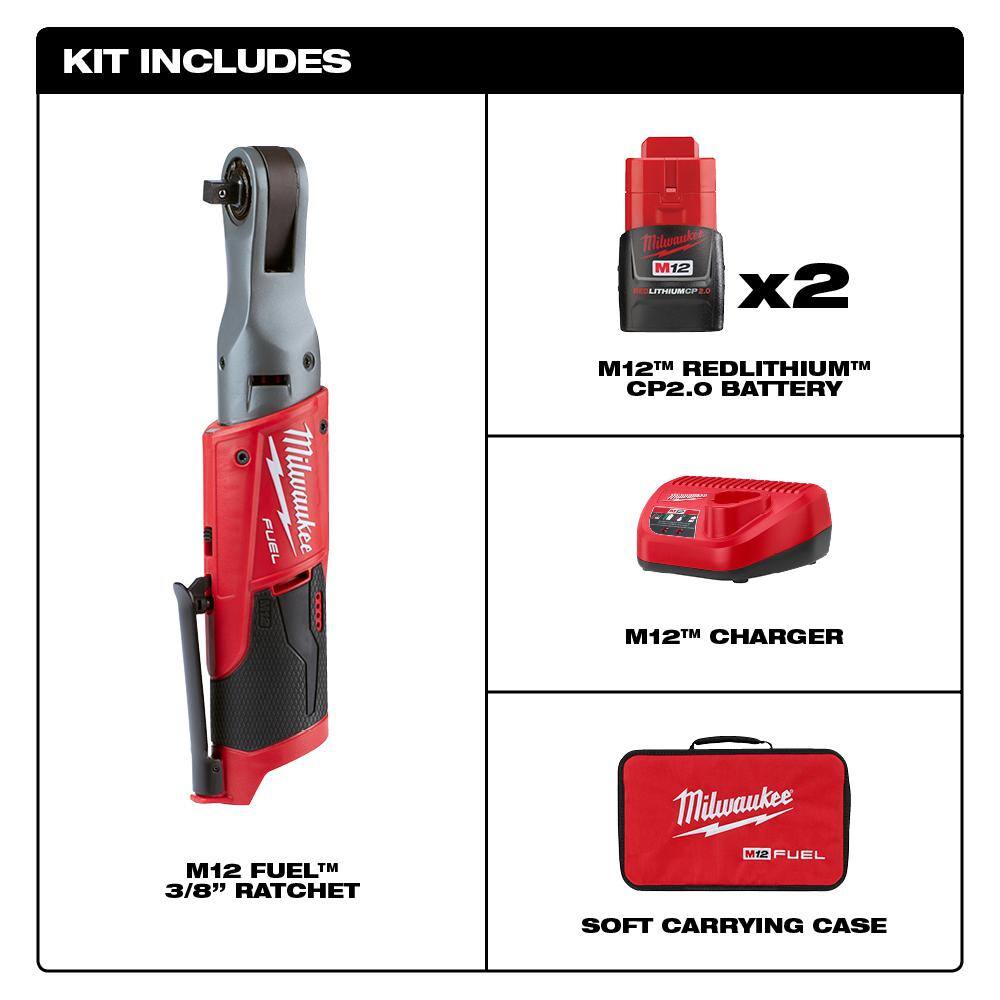 Milwaukee 2557-22 M12 FUEL 12V Lithium-Ion Brushless Cordless 3/8 in. Ratchet Kit with (2) 2.0Ah Batteries. Charger & Tool Bag