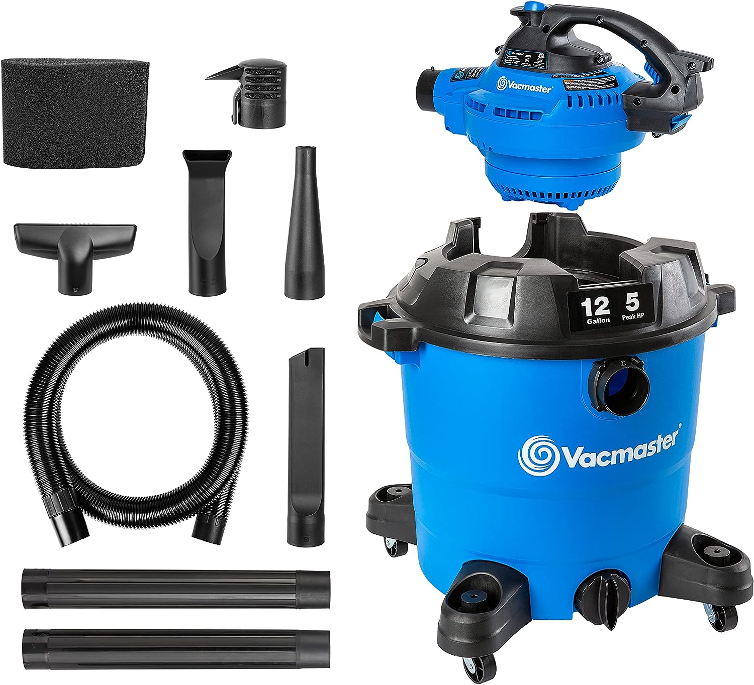 Vacmaster VBV1210. 12-Gallon* 5 Peak HP** Wet/Dry Shop Vacuum with Detachable Blower. Blue
