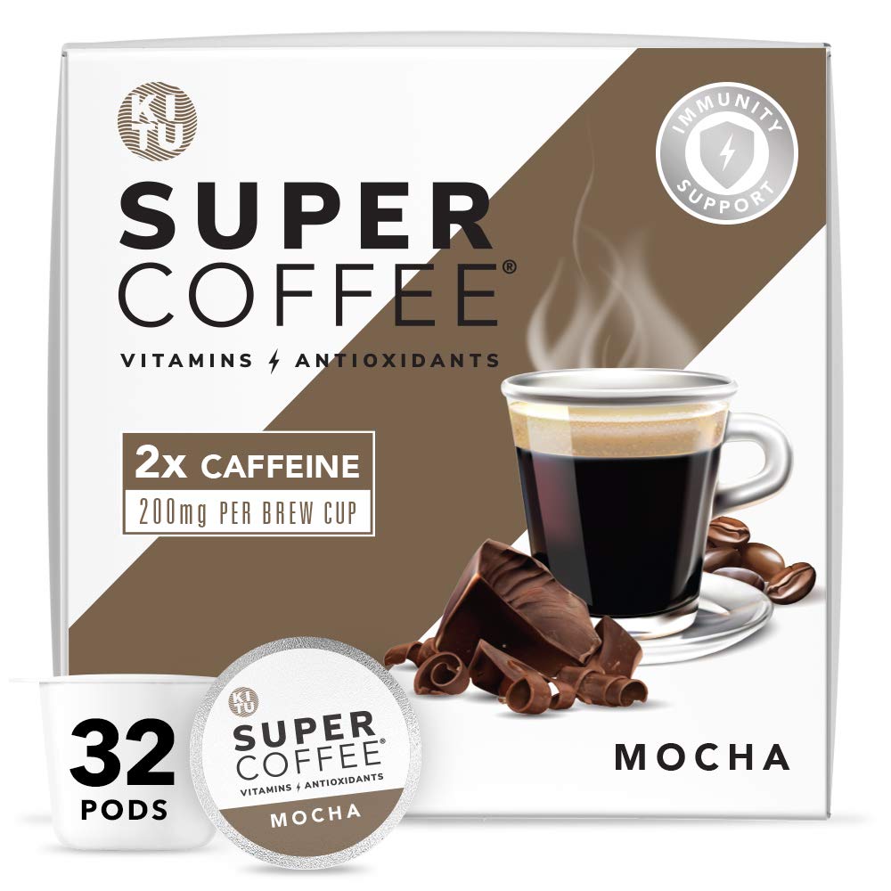 KITU SUPER COFFEE Pods. Energy & Immunity (2x Caffeine. Vitamins. Antioxidants) Mocha 32 Count | Keto Coffee Pods Compatible with Keurig 2.0 K-Cup Brewers