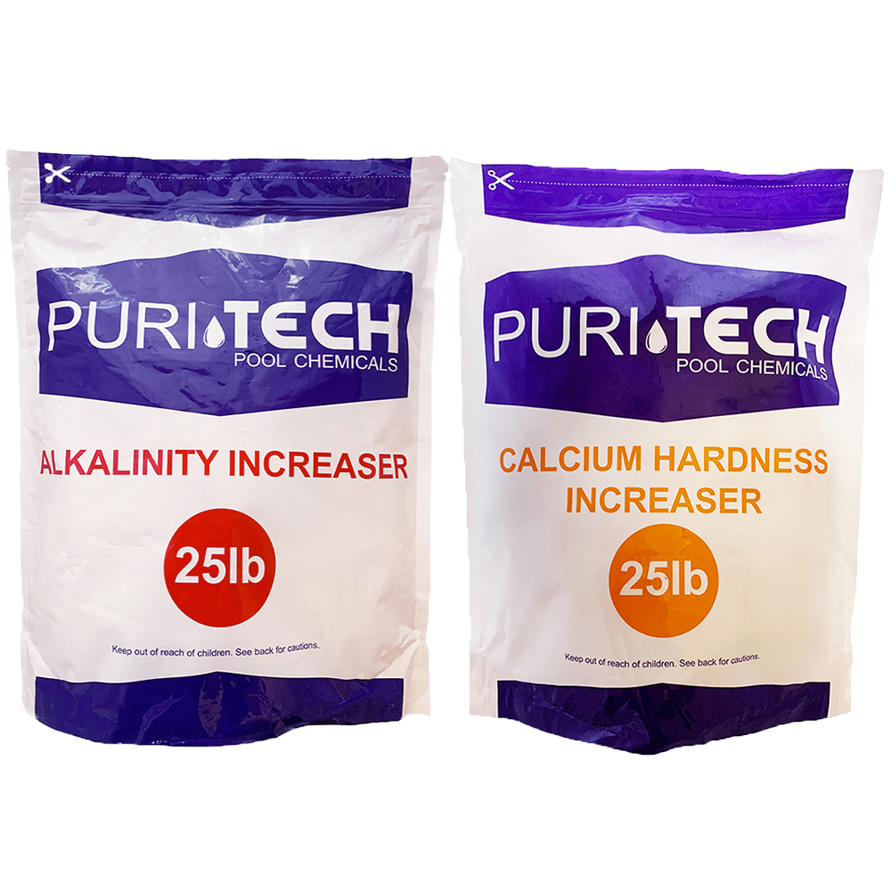 Puri Tech Chemicals 25 lb Calcium Hardness Increaser & 25 lb Alkalinity Increaser Kit for Swimming Pools & Spas Balance Chemical Levels Keep Surfaces & Water Clean