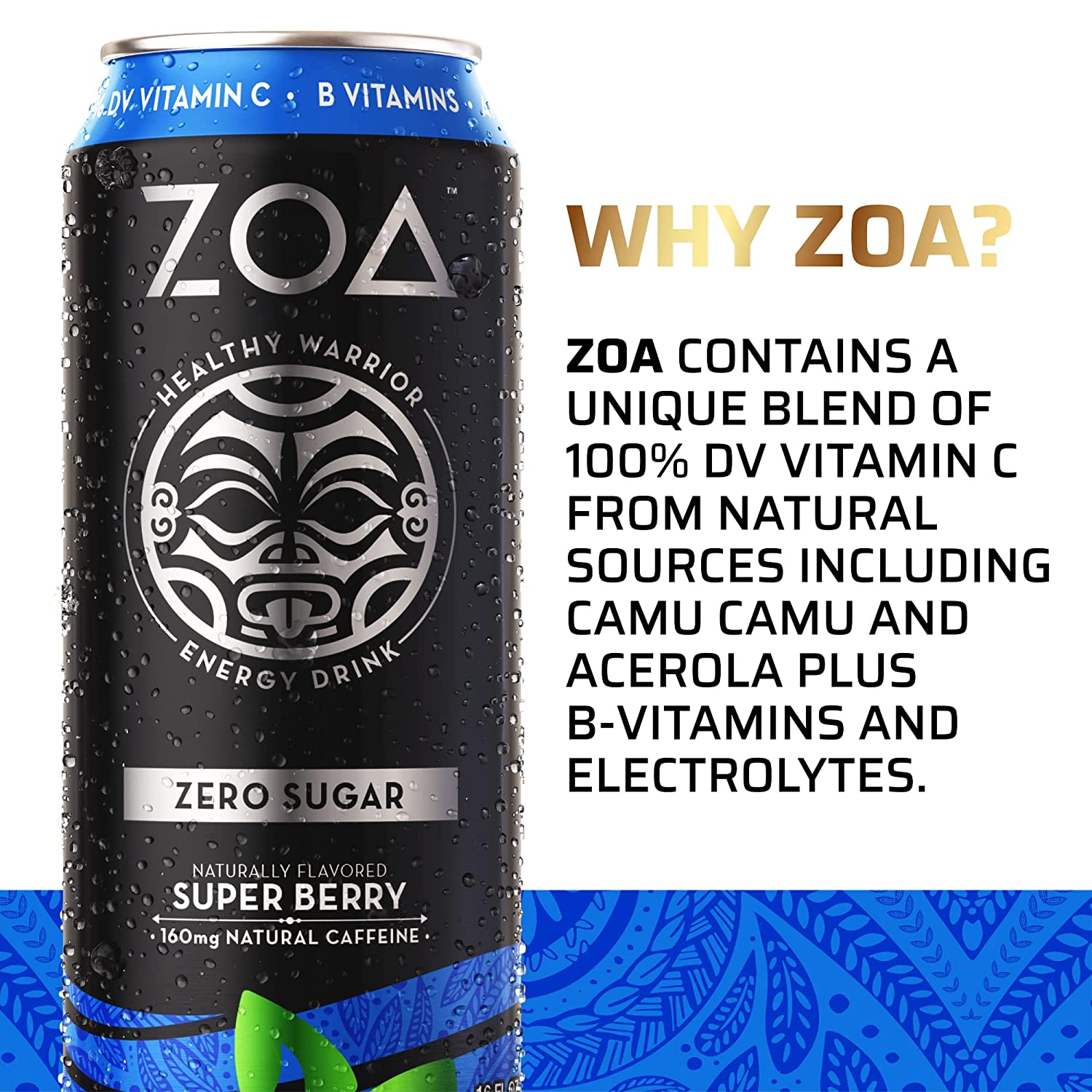 ZOA Zero Sugar Healthy. Positive Energy Drink. Super Berry. 16 fl. oz. (12 Pack)
