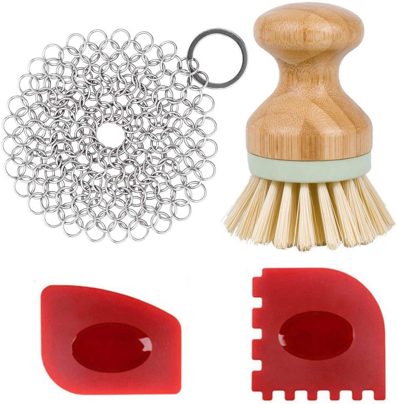 Cast Iron Cleaner kit. Wood Scrub Cleaning Brush. Stainless Steel Chainmail Scrubber