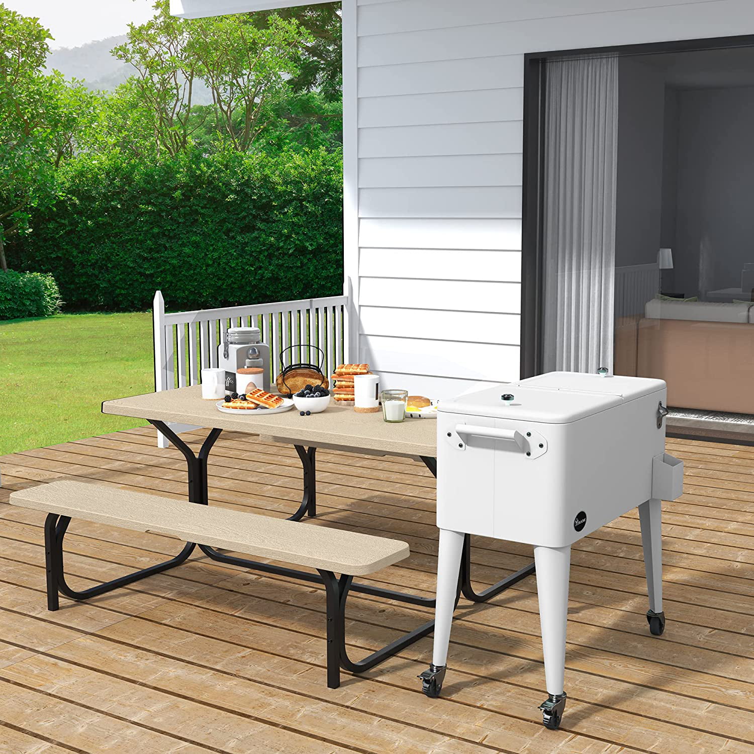 YITAHOME 80 Quart Rolling Cooler Cart with Bottle Opener Drainage. Portable Patio Cooler Rolling on Wheels. Outdoor Rolling Beverage Cart Drink Cooler for Patio Pool Deck Party Cookouts. White