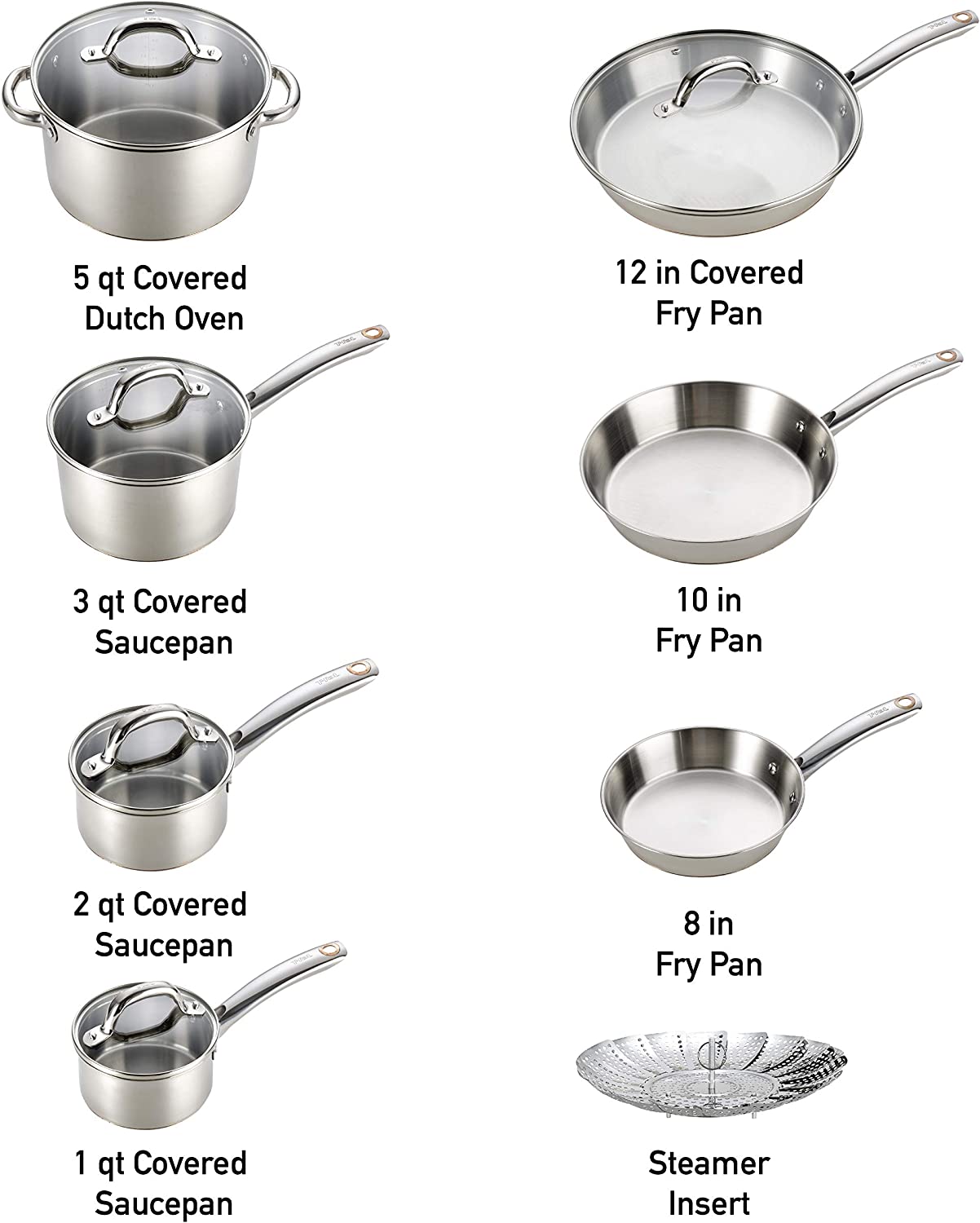 T-fal C836SD Ultimate Stainless Steel Copper Bottom 13 PC Cookware Set. Piece. Silver