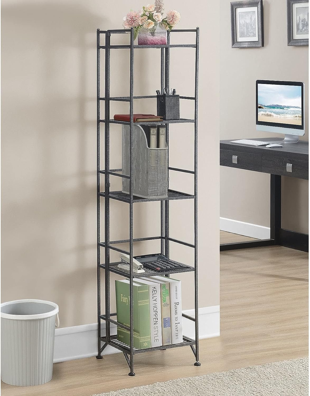 Convenience Concepts Xtra Storage Shelves - 5-Tier Folding Metal Shelving. Modern Shelves for Storage and Display in Living Room. Bathroom. Office. Kitchen. Garage. Speckled Gray