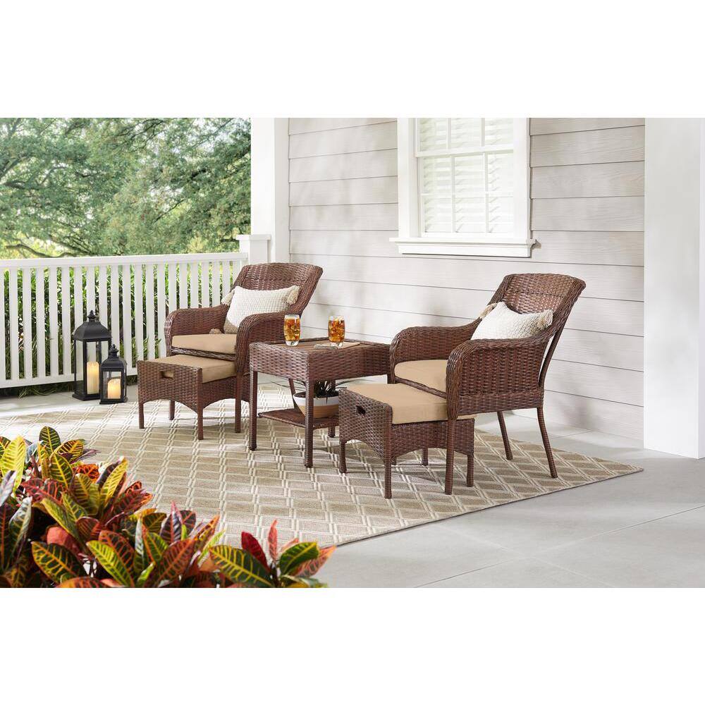Hampton Bay  Cambridge 5-Piece Brown Wicker Outdoor Patio Conversation Seating Set with Sunbrella Beige Tan Cushions