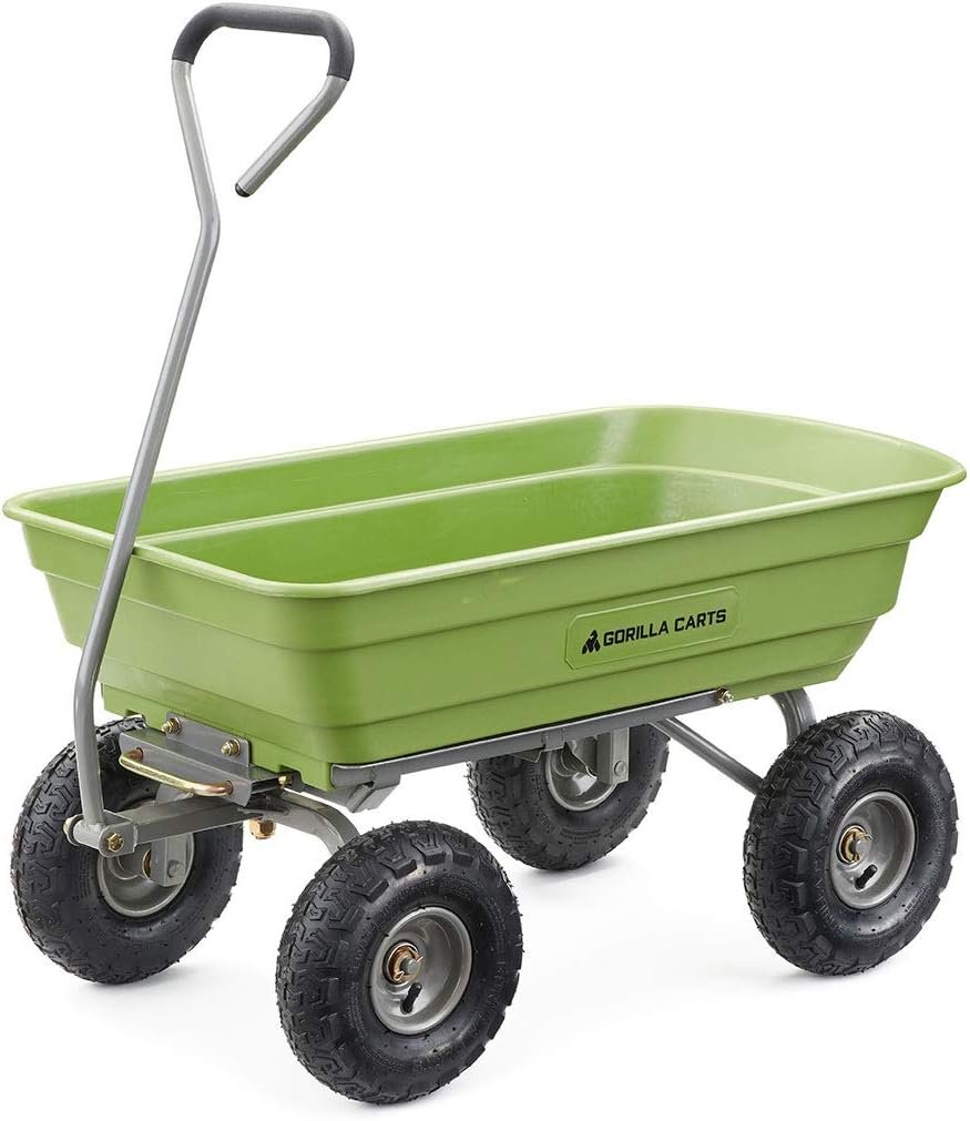 Gorilla Carts 600 Pound Capacity Heavy Duty Poly Yard Garden Steel Quick Dump Utility Wheelbarrow Wagon Trolley Cart with Straight Pull Handle. Green