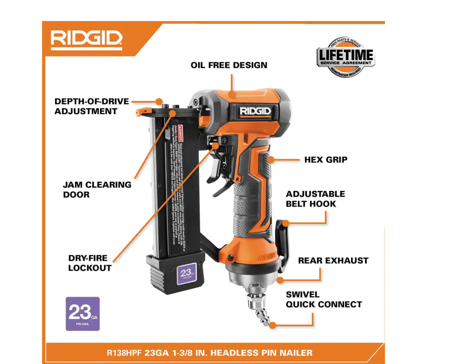 RIDGID R138HPF Pneumatic 23-Gauge 1-3/8 in. Headless Pin Nailer with Dry-Fire Lockout