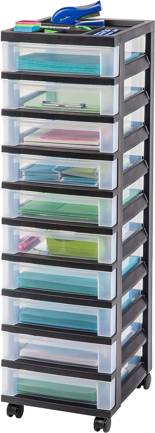 IRIS USA 10 Drawer Rolling Storage Cart with Drawers with Organizer Top. Black