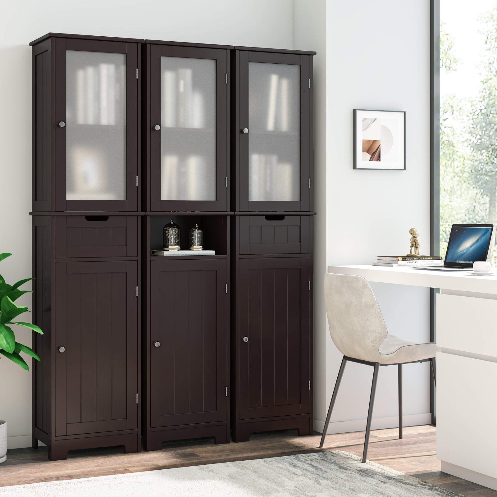 Homfa Bathroom Storage Cabinet. Brown Linen Cabinet. Narrow Tall Cabinet Storage Tower with Door and Drawer