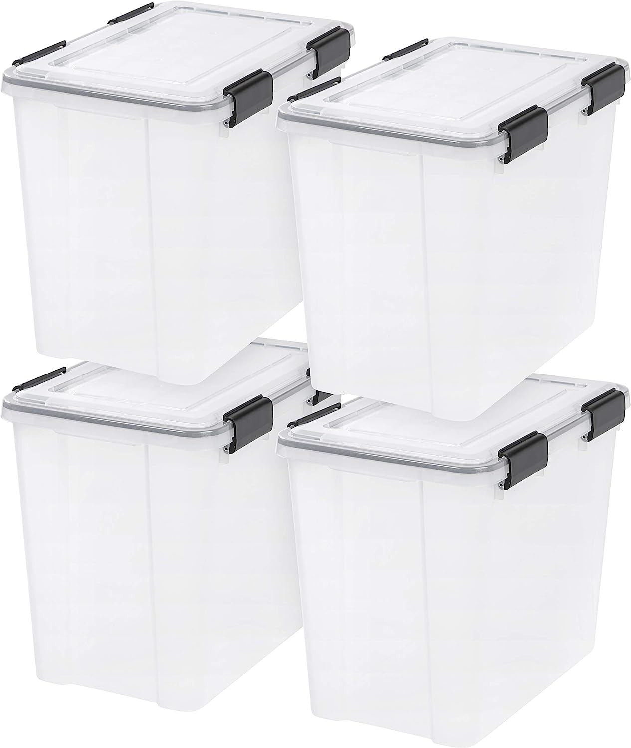 IRIS USA 36 Quart WEATHERPRO Plastic Storage Box with Durable Lid and Seal and Secure Latching Buckles. Weathertight. Clear with Black Buckles. 4 Pack