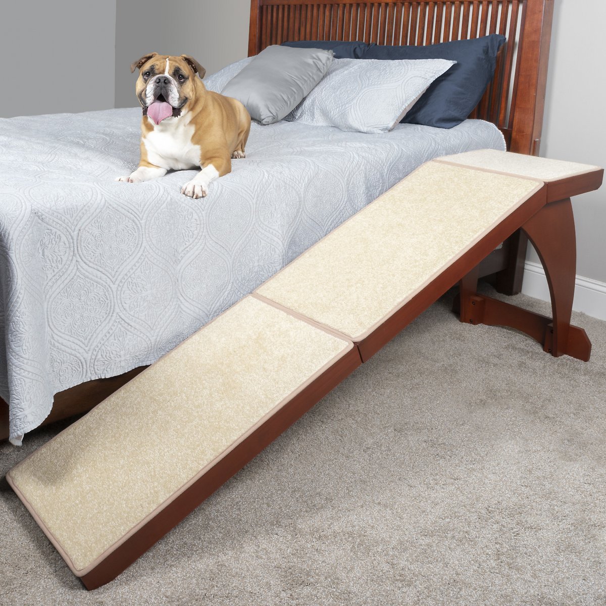 PetSafe CozyUp Wooden Cat & Dog Ramp – Durable Frame Supports up to 120lb – Furniture Grade Wood Pet Ramp with Cherry or White Finish – High-Traction Carpet Surface – Dog Bed Ramp for Older Pets