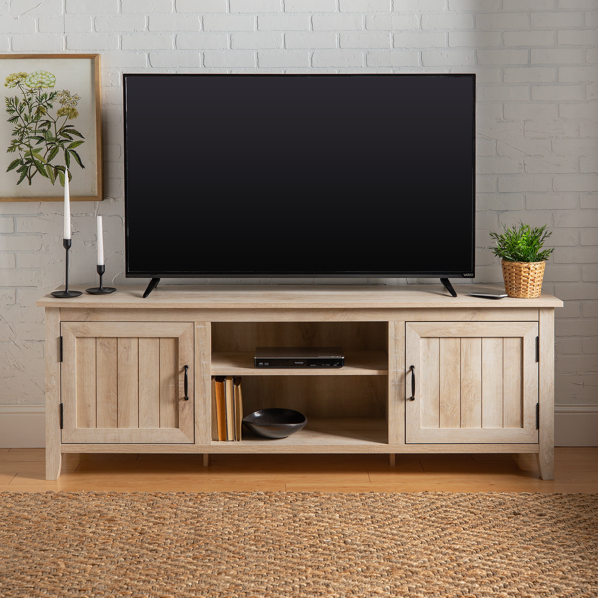 Woven Paths Farmhouse Grooved Door TV Stand for TVs up to 80″. White Oak