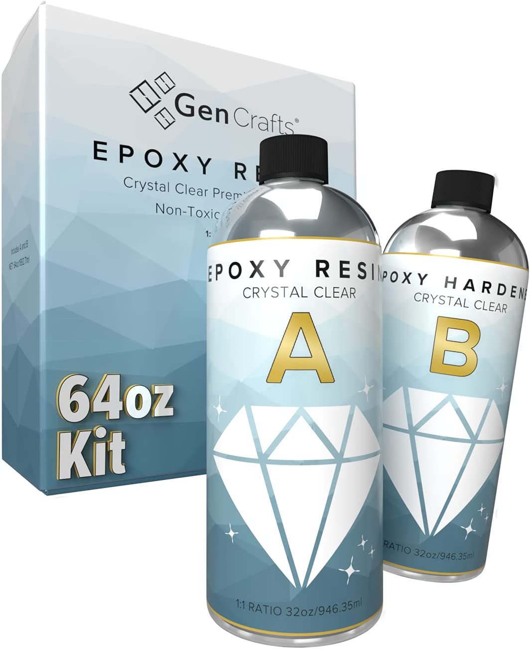 GenCrafts 64 oz Epoxy Resin Kit - Crystal Clear and Perfect for Silicone Molds. Jewelry Art. Coating. Tumblers. and More - for use with Additives Like Glitter. Mica Powder. and Liquid Pigment