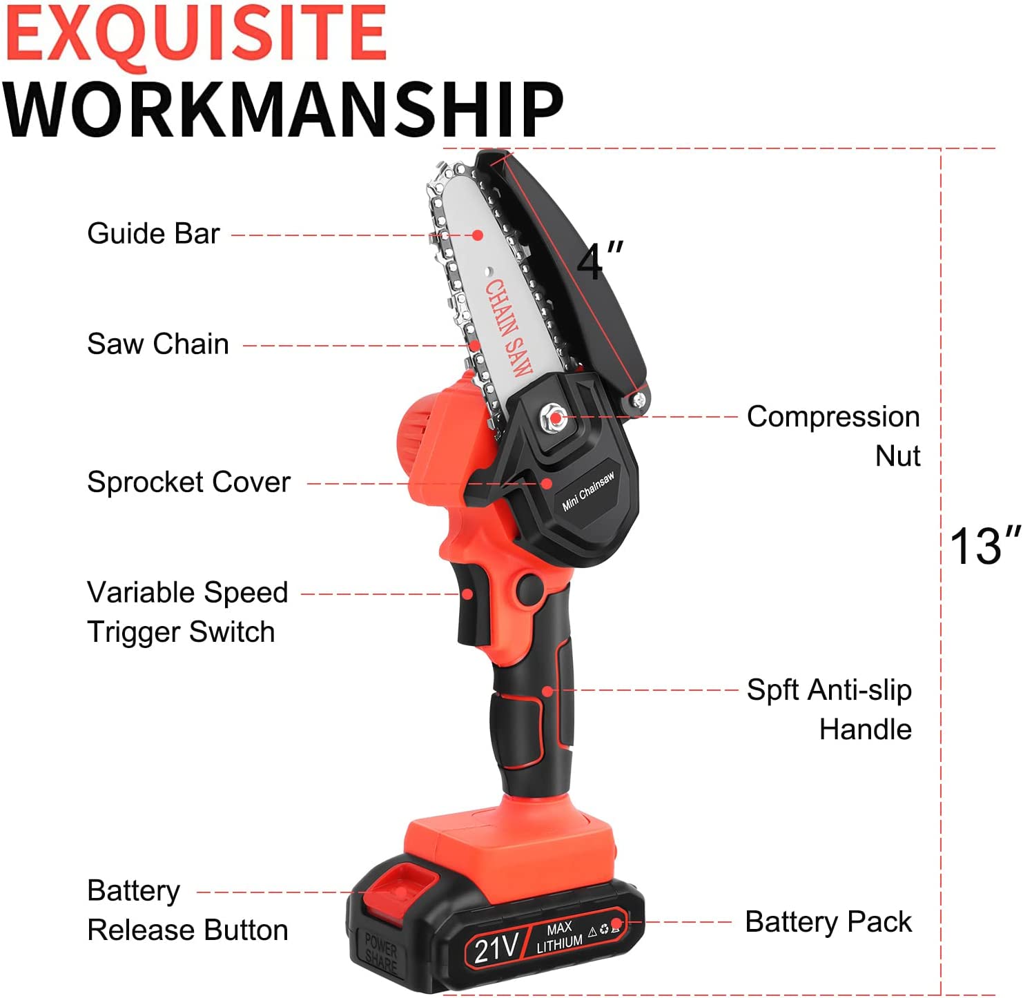 New Huing Mini Cordless Chainsaw Kit. Upgraded 4″ One-Hand Handheld Electric Portable Chainsaw. 21V Rechargeable Battery Operated. for Tree Trimming and Branch Wood Cutting