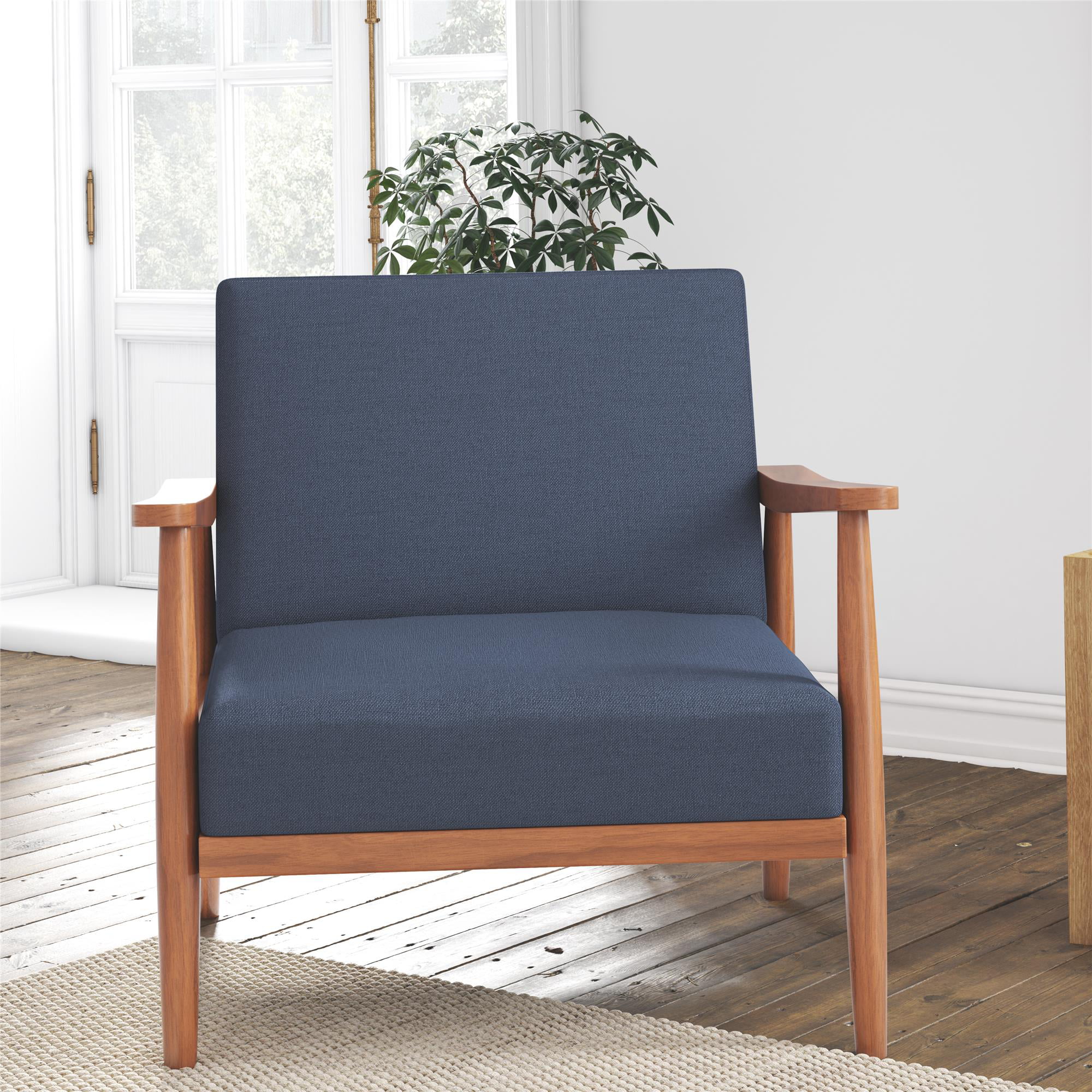 Better Homes & Gardens Mid Century Solid Wood Reclining Accent Chair with Upholstered Seat. Blue