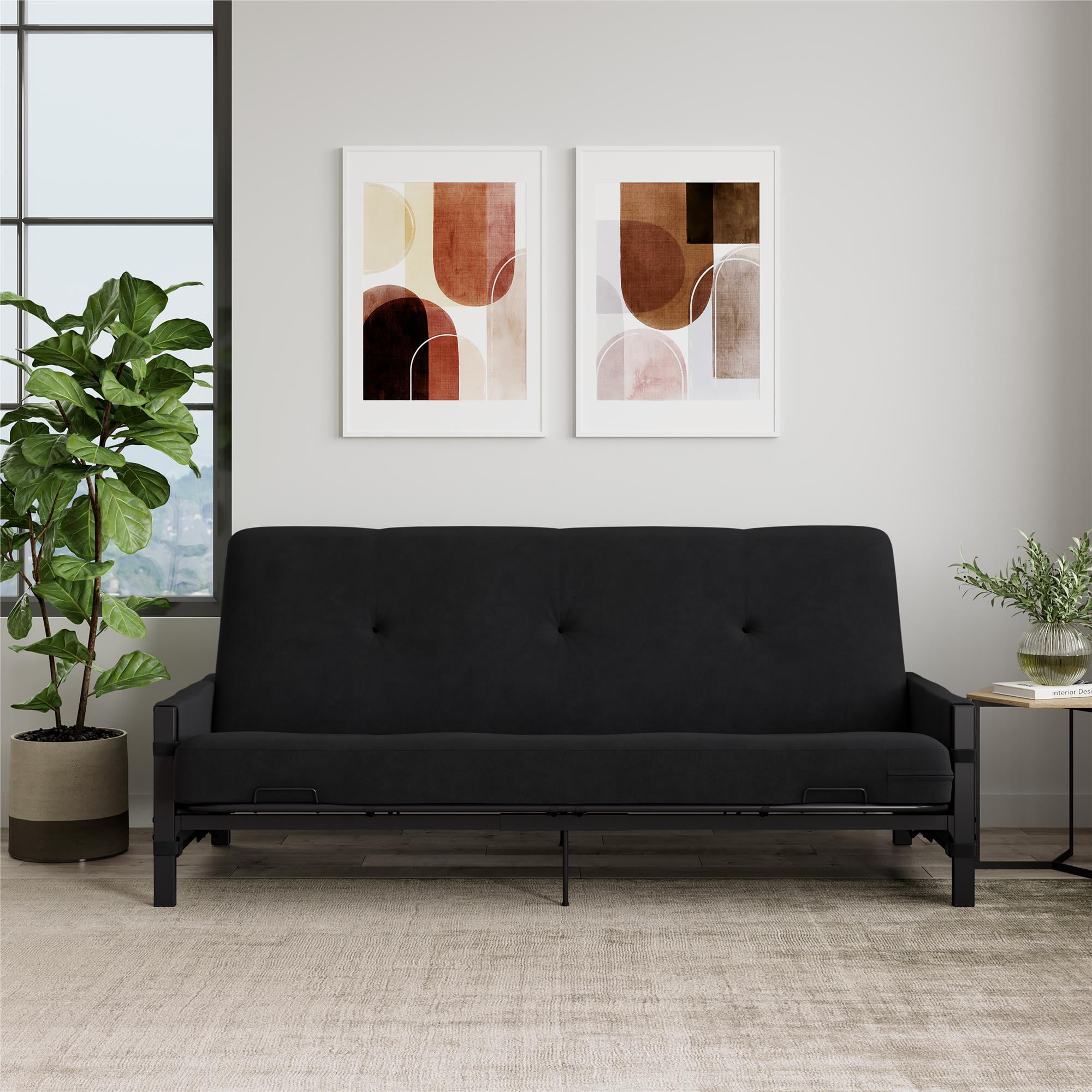 DHP Fairview Futon Set with Black Metal Frame. 6″ Mattress and Storage Pockets. Black