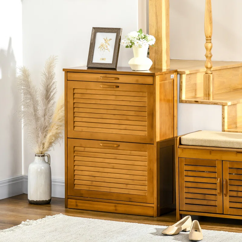 HOMCOM 837-268V00BN 3-Drawer Shoe Cabinet. Bamboo Shoe Storage Cabinet with Flip Shutter Doors for 12 Pairs of Shoes. Entryway. Hallway. Living Room. Bedroom