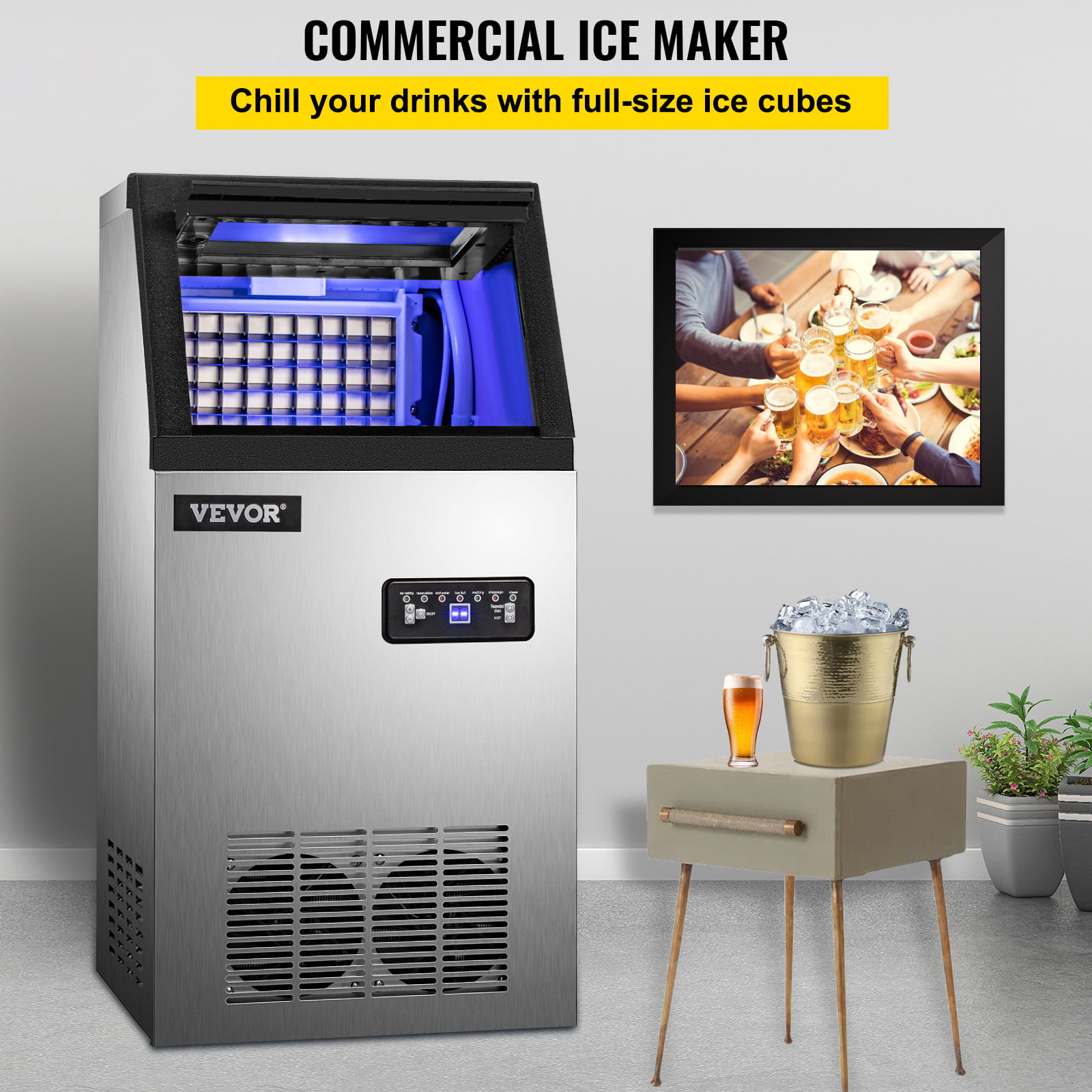 VEVOR Commercial Ice Maker 100lbs/24h.Ice Machine with 22lbs Storage 4×8 Cubes Stainless Steel Auto Clean for Bar Home Supermarkets Includes Scoop and Con. Sliver