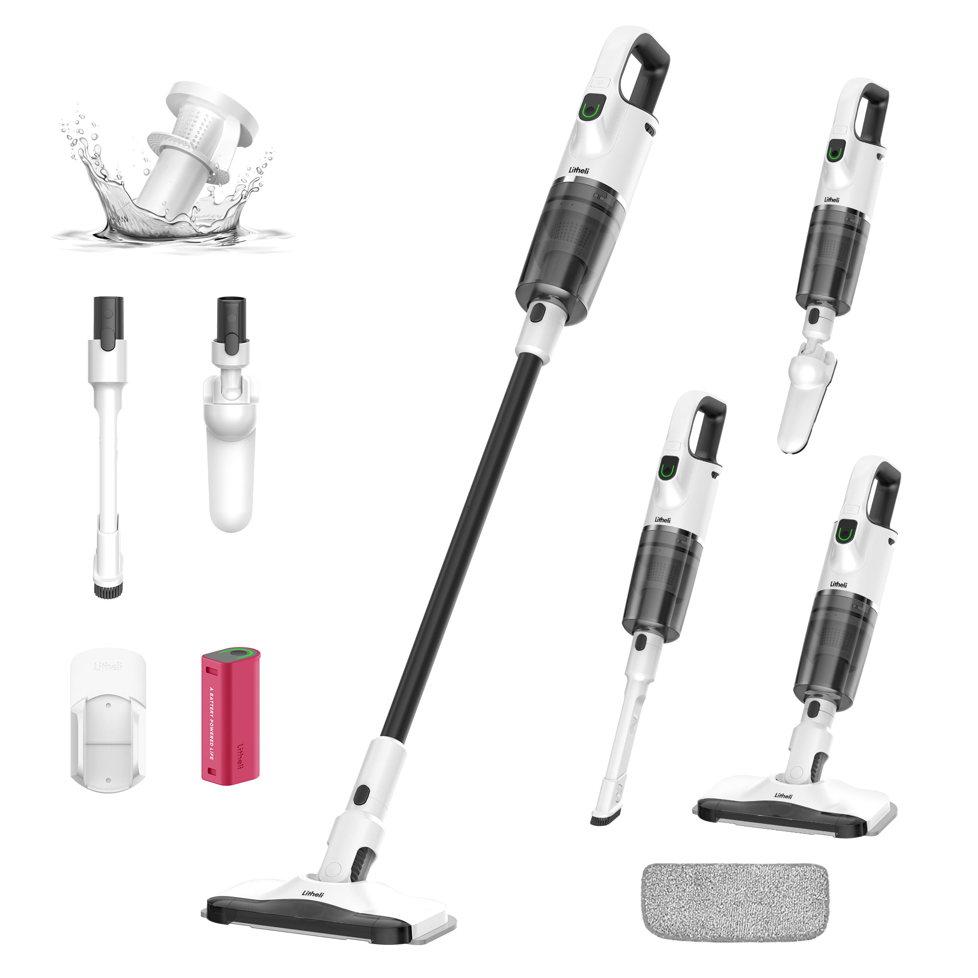 Litheli 6-In-1 Cordless Vacuum Cleaner. 10000Pa/6000Pa 2 Model Suction Powerful Lightweight Portable Handheld Stick Vacuum Cleaner with 4Ah Battery White