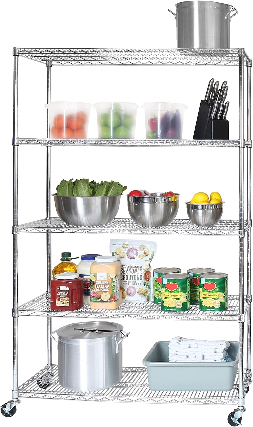 Seville Classics UltraDurable Heavy Duty NSF Solid Steel Wire Rack Storage Unit Organizer for Garage. Warehouse. Office. Restaurant. Classroom. Kitchen. 5-Tier Shelving. 48″ W x 18″ D