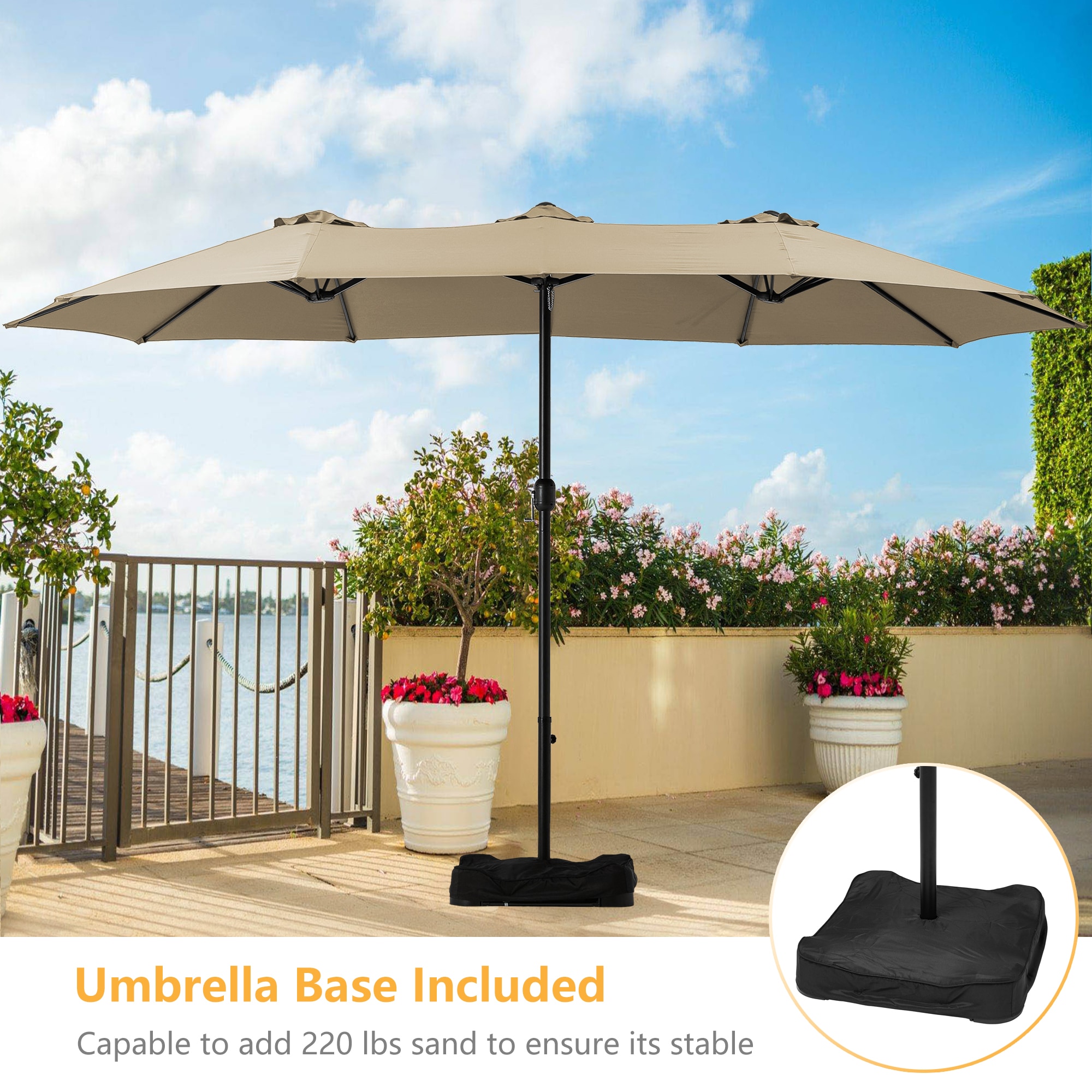 Clihome 15-ft Khaki No-tilt Market Patio Umbrella with Base