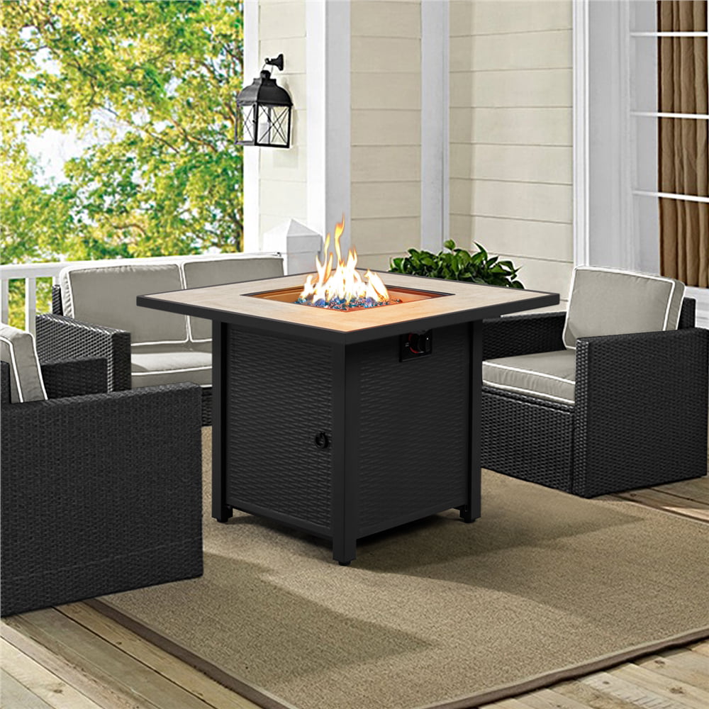 SMILE MART 30″ Propane Gas Fire Pit Table with Ceramic Tabletop Rattan Pattern Steel Base for Garden/Patio/Courtyard. Black