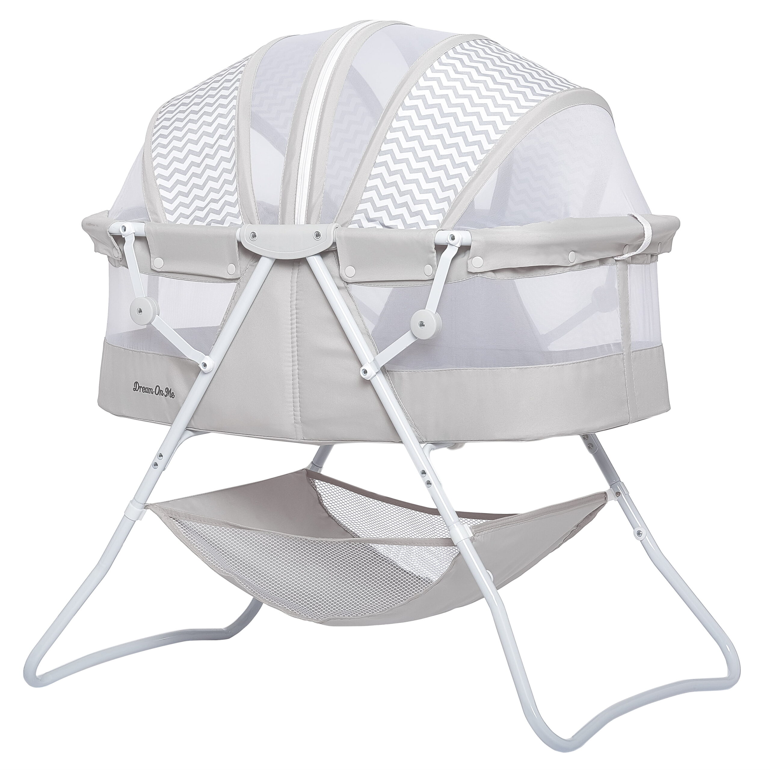 Dream On Me Karley Bassinet in Grey. Quick Fold and Easy to Carry. Large Storage Basket