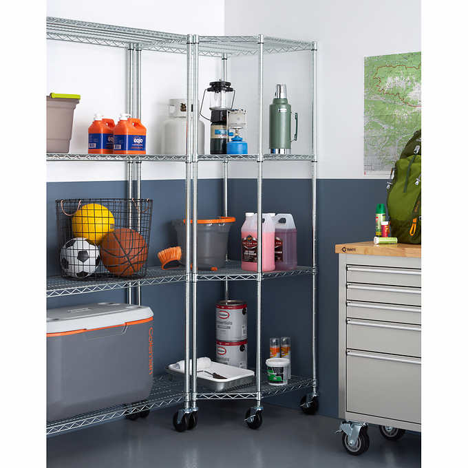 TRINITY EcoStorage 4-Tier Corner Wire Shelving Rack with Wheels. 18″ D. NSF. Chrome