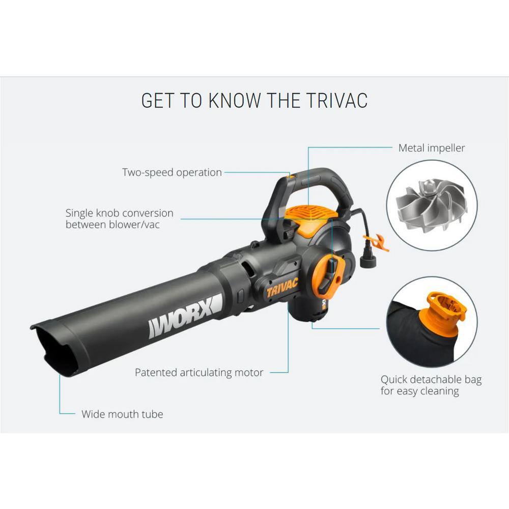 Worx WG522 70 MPH 600 CFM 12 Amp Electric Leaf Blower Mulcher and Vacuum