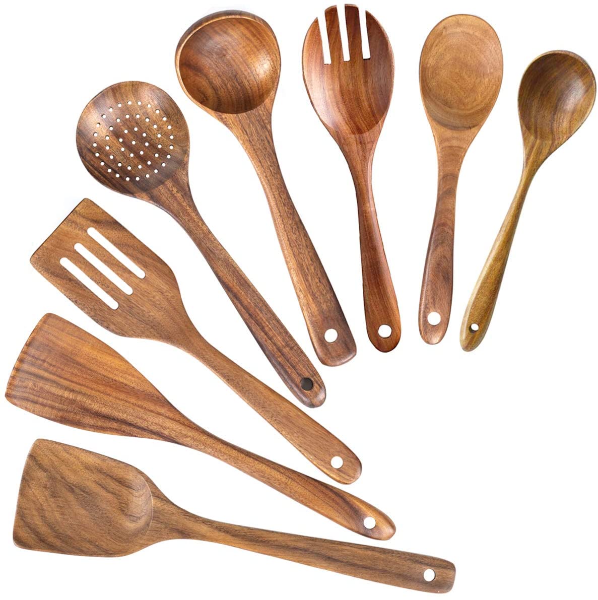 Wooden Spoons for Cooking. Nonstick Kitchen Utensil Set (Teak 8 Pack)