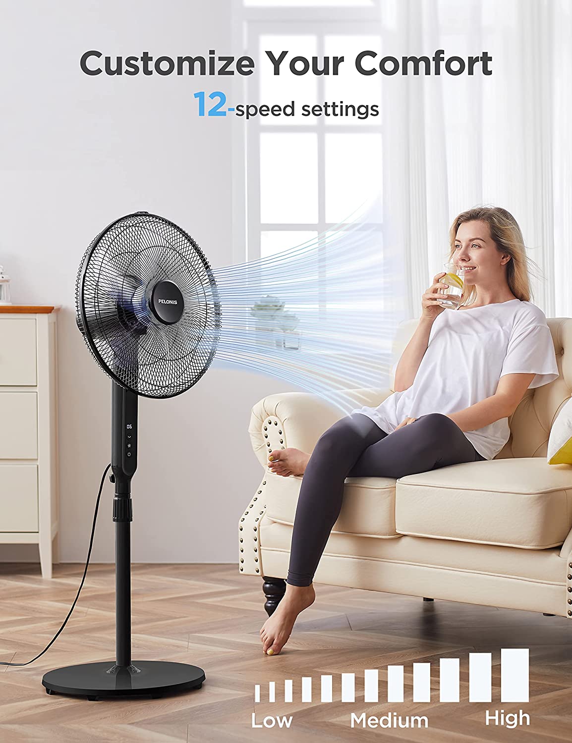 PELONIS 16″ Oscillating Pedestal Stand Up Fan | Adjustable Height | Ultra Quiet DC Motor | Remote Control | 12 Speed | 12-Hour Timer | High Energy Efficiency | for Bedroom Home Office Use | Black