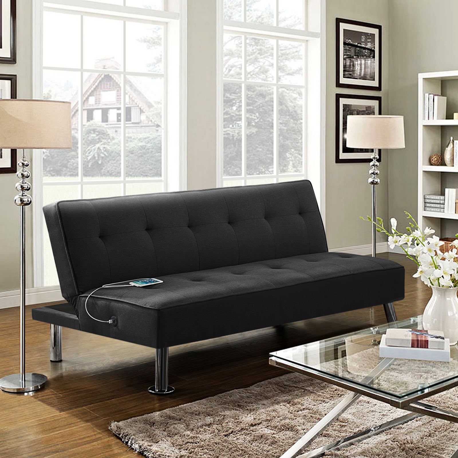 Alden Design Modern Fabric Convertible Futon with USB. Black