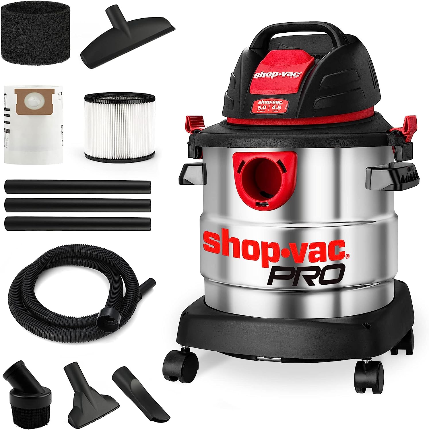 Shop-Vac 5 Gallon 4.5 Peak HP Wet/Dry Vacuum. Stainless Steel Tank. Portable Shop Vacuum with Filter. Hose and Accessories for Garage. Workshop. 5920588