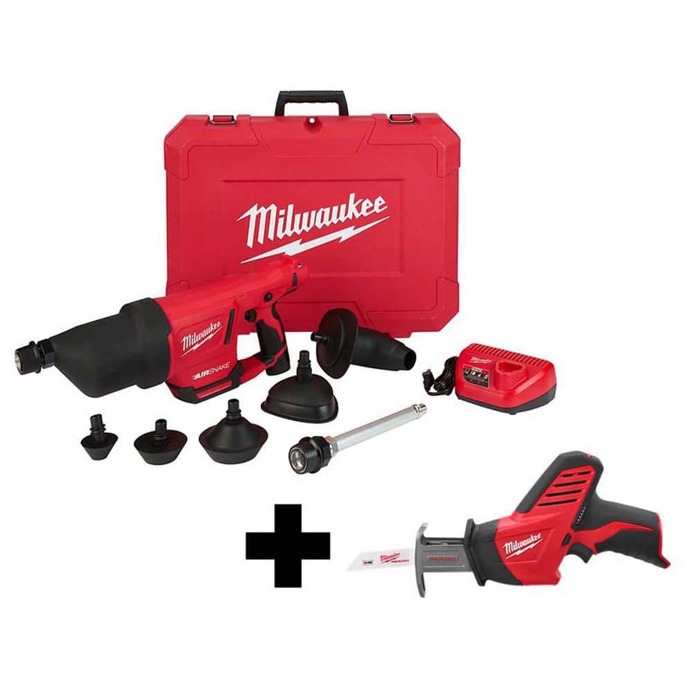 Milwaukee 2572B-21-2420-20 M12 12V Lithium-Ion Cordless Drain Cleaning Airsnake Air Gun Kit with M12 HACKZALL Reciprocating Saw