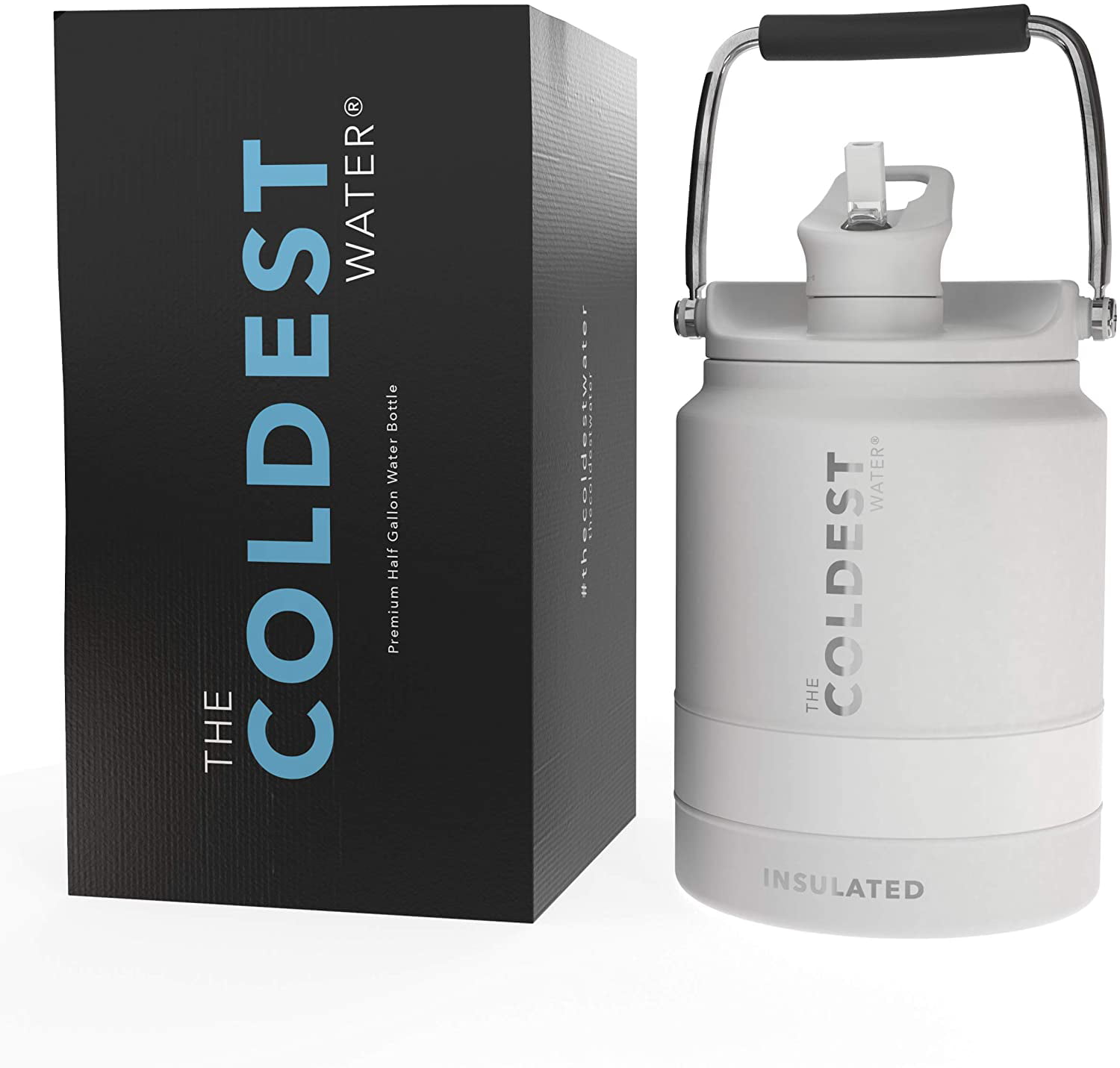 Coldest Sports Water Bottle - 1/2 Gallon (Straw Lid). Leak Proof. Vacuum Insulated Stainless Steel. Hot Cold. Double Walled. Thermo Mug. Metal Canteen (1/2 Gallon. White)