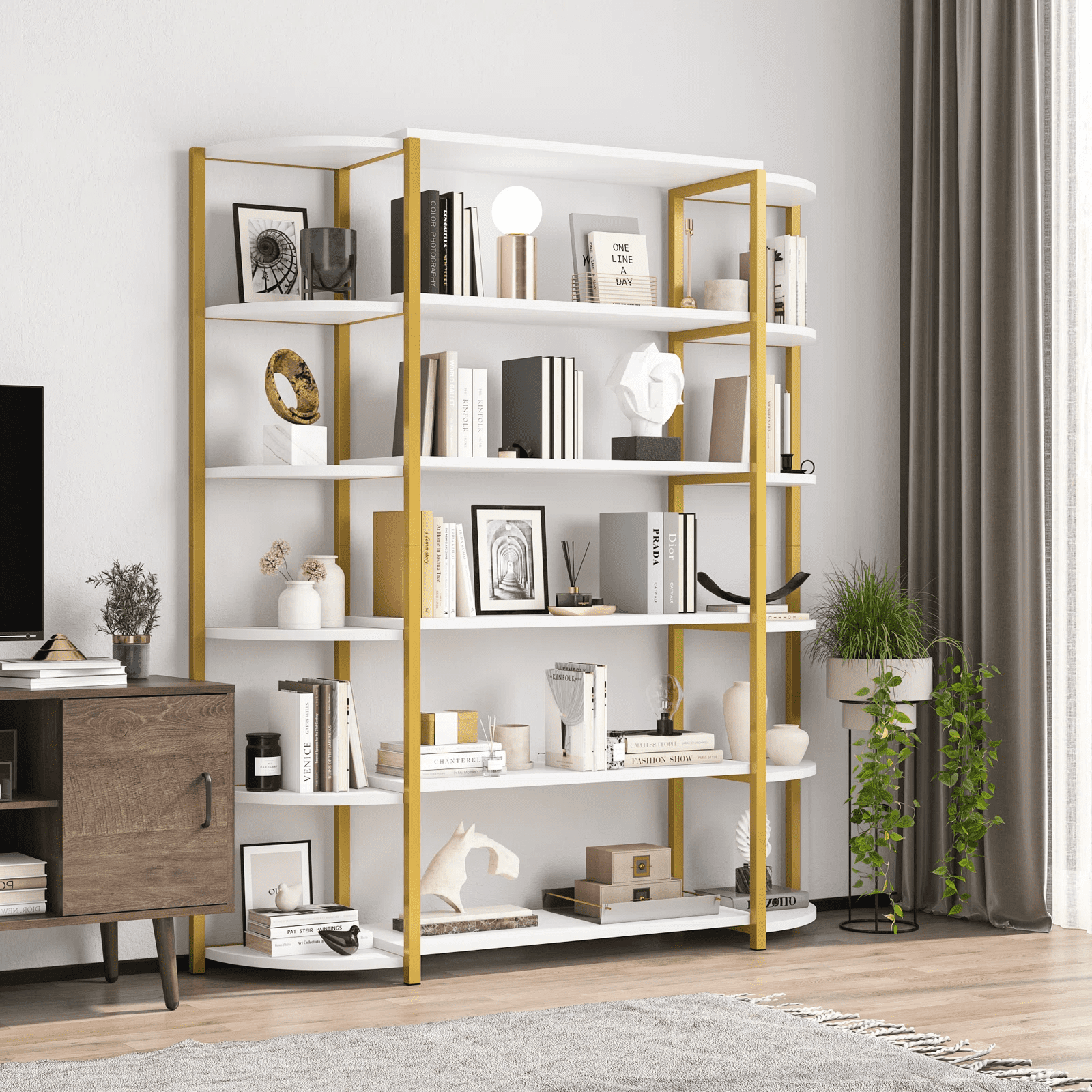 Homfa 6 Tier Bookshelf. Wood Triple Wide Etagere Standing Bookcase for Home Office. White and Gold