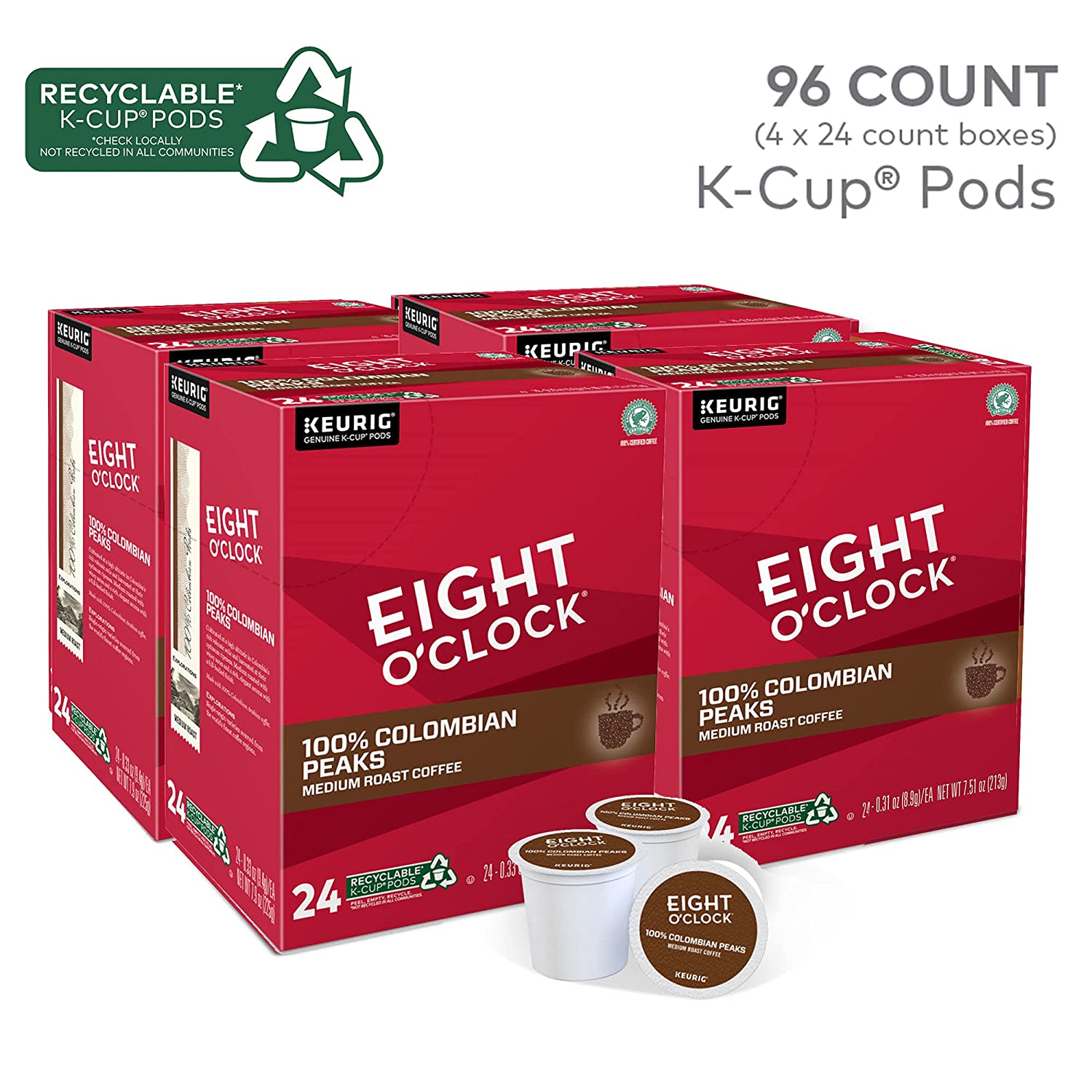 Eight O-Clock Coffee Colombian Peaks Single-Serve Keurig K-Cup Pods. Medium Roast Coffee Pods. 96 Count
