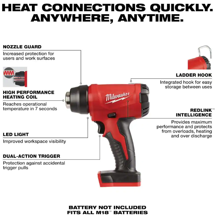 Milwaukee 2688-20 M18 18V Lithium-Ion Cordless Compact Heat Gun (Tool-Only)
