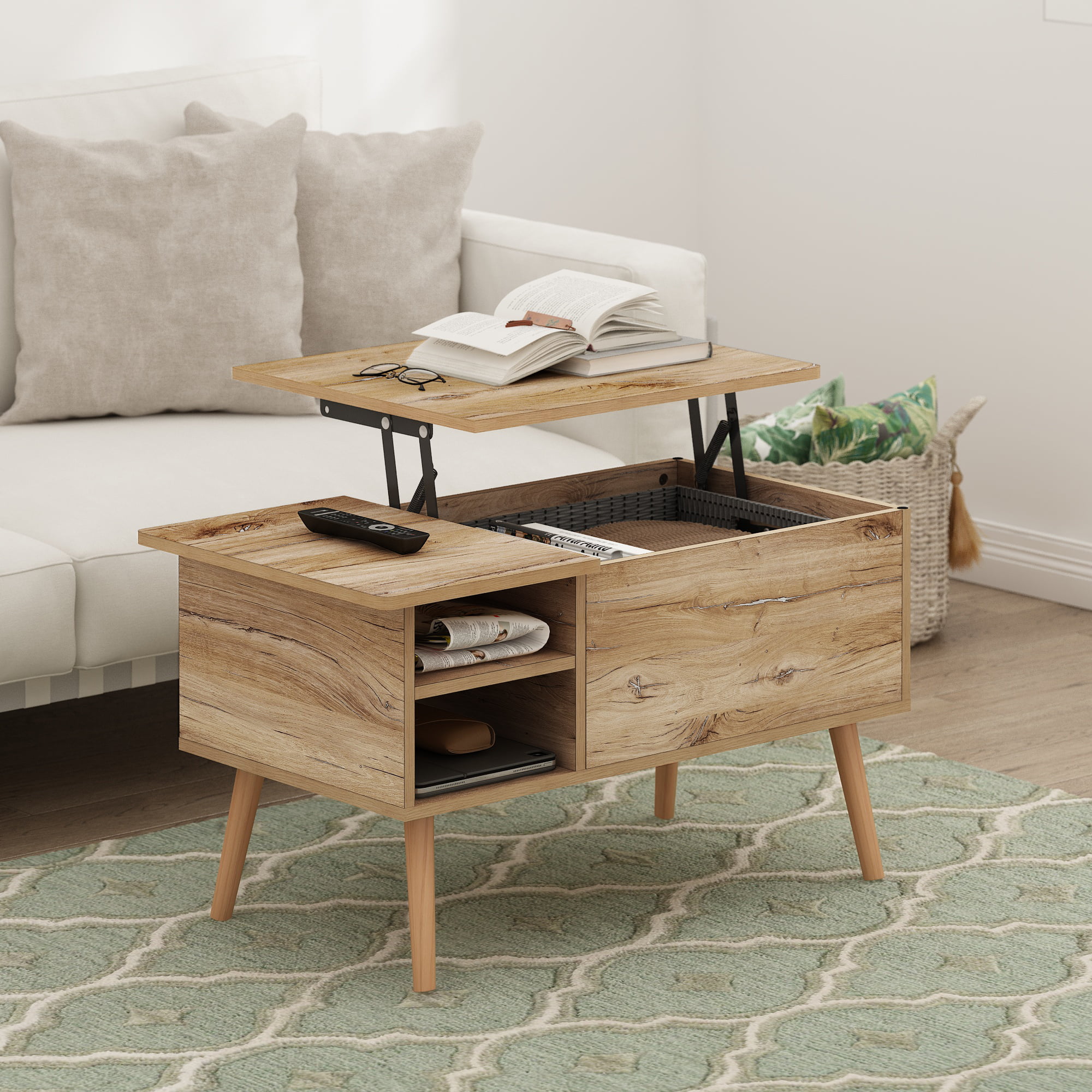 Furinno Jensen Living Room Wooden Leg Lift Top Coffee Table With Hidden Compartment and Side Open Storage Shelf. Flagstaff Oak