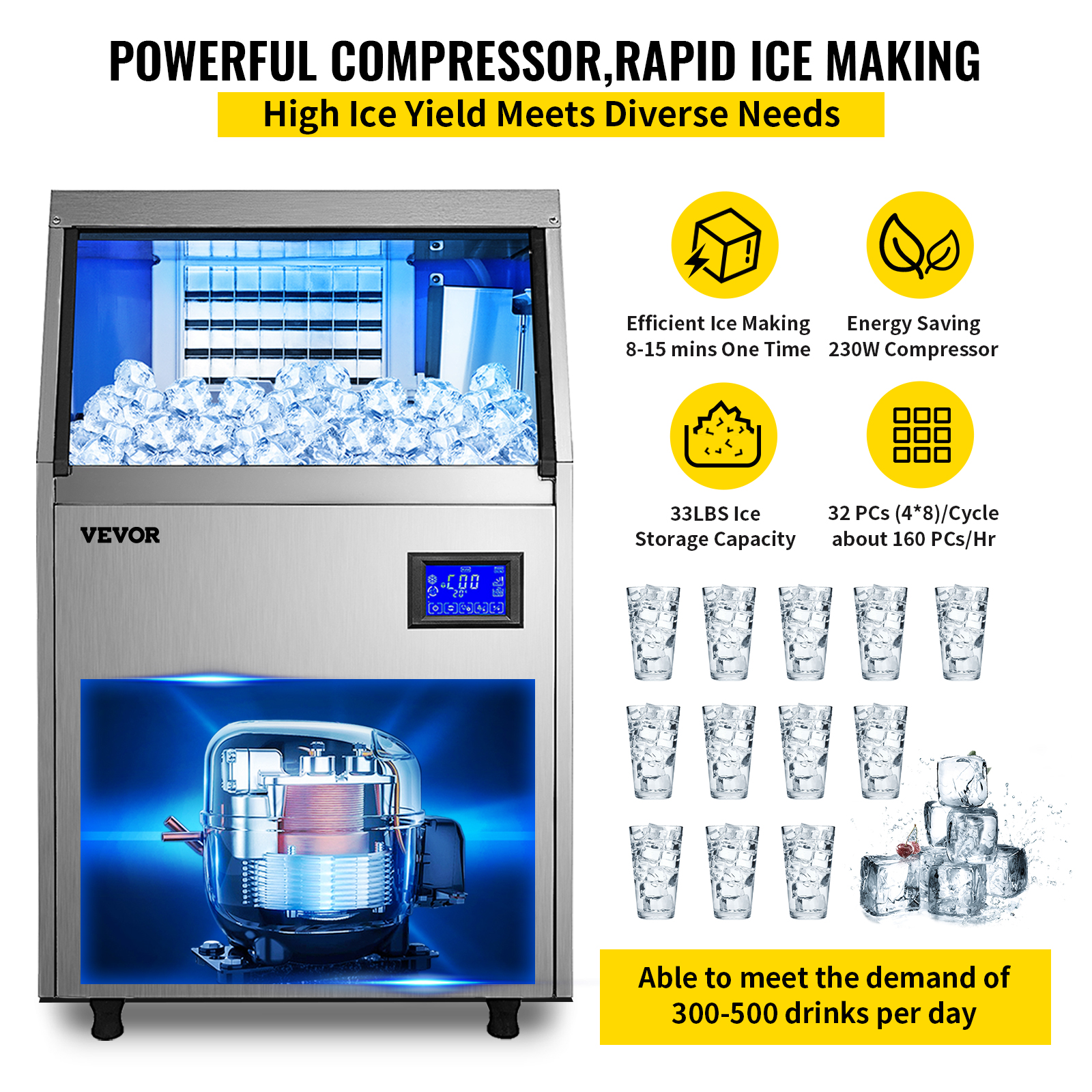 VEVORbrand Commercial Ice Maker 80 - 90 lbs/24H.Ice Machine with 33 lbs Storage Bin. Clear Cube. Advanced LCD Panel. Auto Operation. Blue Light. Fully Upgrade