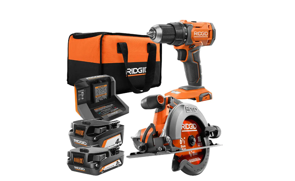 RIDGID R9207 18V Cordless 1/2 in. Drill/Driver and 6-1/2 in. Circular Saw Combo Kit with 2.0 Ah and 4.0 Ah Battery. Charger. and Bag