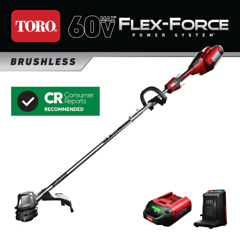 Toro 51830 60V Max Lithium-Ion Brushless Cordless 14 in./16 in. String Trimmer - 2.5 Ah Battery and Charger Included