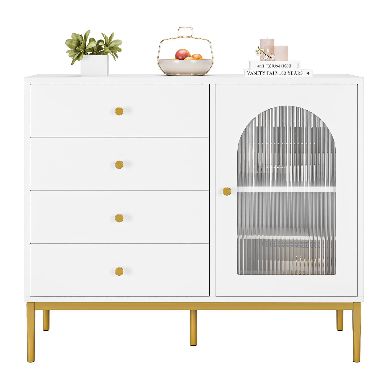 Homfa 4 Drawer Storage Cabinet. Modern Wooden Cupboard with Frosted Glass for Living Room. White Finish