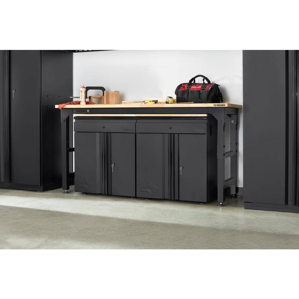 Husky HTC1000004 6 ft. Adjustable Height Solid Wood Top Workbench in Black for Heavy Duty Welded Steel Garage Storage System
