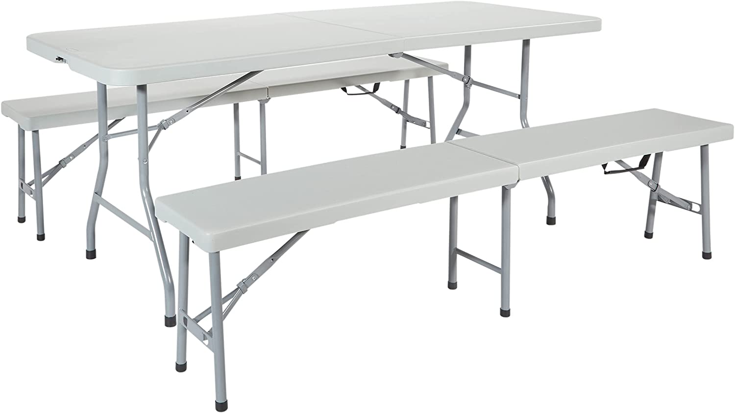 Office Star Resin Furniture for Indoor or Outdoor Use. 3-Piece Set. 2 Folding Benches and 6 Foot Table