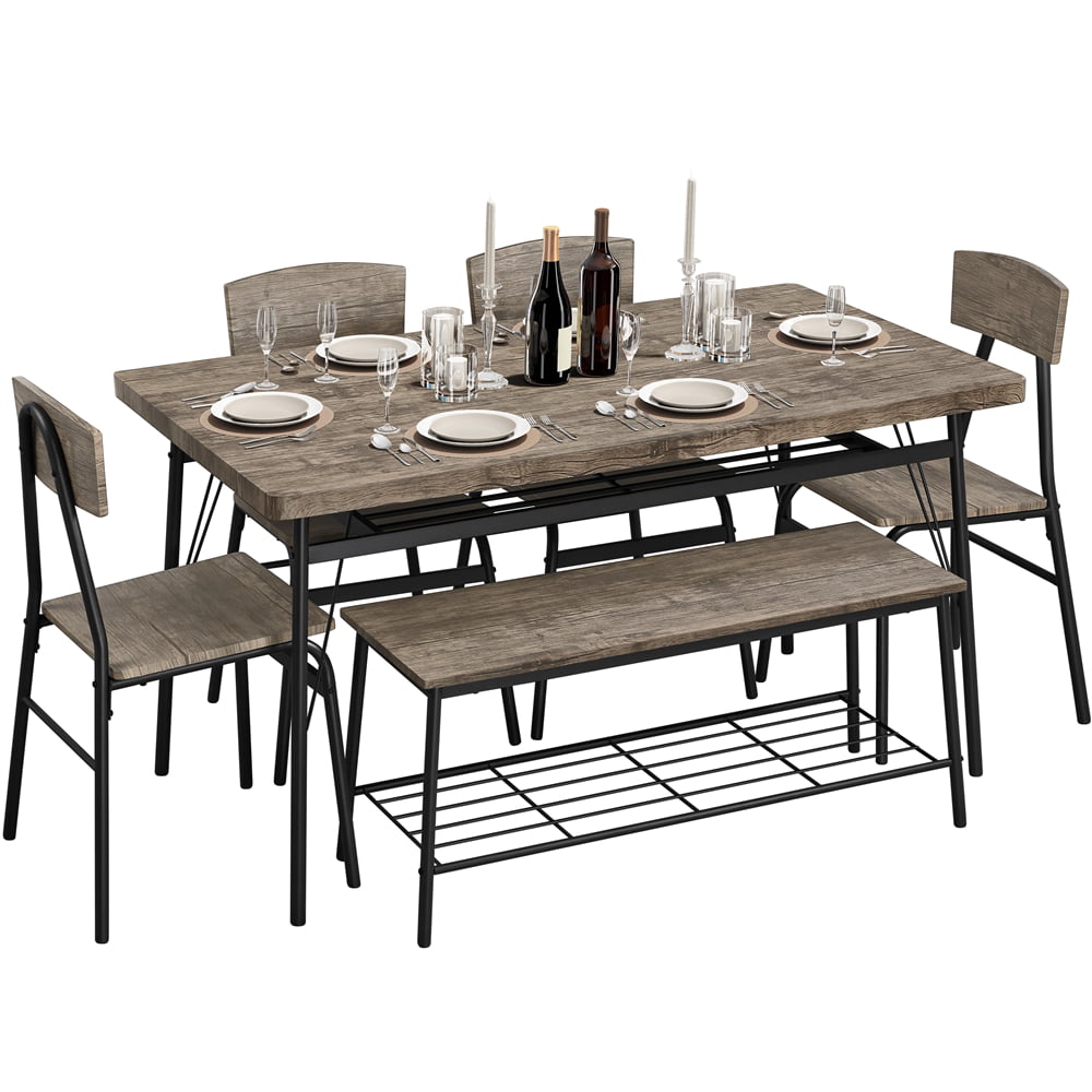 Easyfashion Dining Table Set with 4 Chairs and 1 Bench. Drift Brown